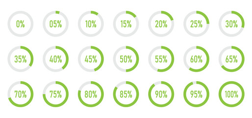 Poster - Percentage icon set. Progress or loading percentage circles containing 0% to 100% with 5% increase, for app, UI, website and animation design element. Transparent PNG and vector illustration.