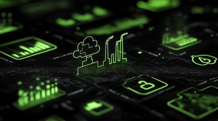 Poster - carbon emissions data statistic visualization through virtual display of icons or charts in green color