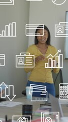Poster - Animation of multiple icons, diverse female manager explaining strategy on television to coworkers