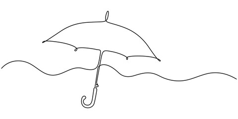 Poster - umbrella continuous one line drawing, Continuous one line drawing of opened umbrella. Single line drawing illustration of umbrella protection for rain and uv. Summer holiday concept vector art.