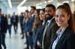 © Vadym - Job fair attendees wait in line. Diverse group professionals in formal attire look forward hiring opportunities. Faces express optimism about job market, career growth. Business people stand ready