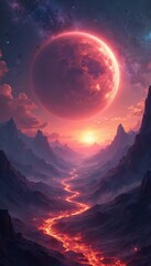 Wall Mural - Stunning space art illustration with giant red planet. Galaxy scene, planets, stars in a beautiful landscape. Amazing digital art for wallpaper or print.