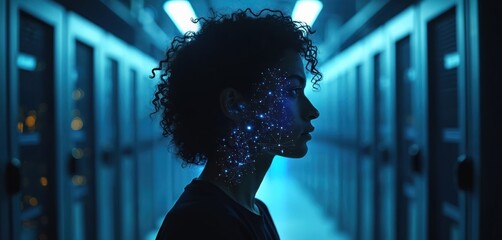 Poster - Silhouette tech entrepreneur with digital neural network overlay in futuristic data center. Woman profile with AI integration, symbol of innovation tech. Digital transformation, modern business,