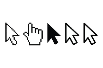Fototapete - Collection of pixelated and smooth arrow and hand cursor icons silhouette isolated on white background