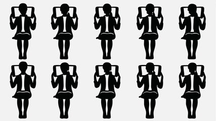 Poster - Silhouette pattern of people seated and holding tablets in a repeating design on a white background