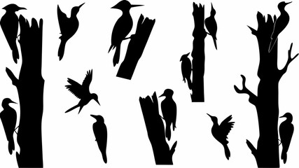Poster - Silhouette illustration showcasing various woodpeckers perched on and flying around trees and branches