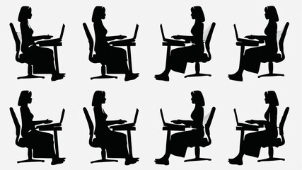 Poster - Silhouetted women working on laptops while sitting on office chairs in a repeating pattern design