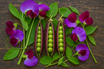 Poster - Colorful sweet pea pods and vibrant flowers arranged on a wooden surface showcasing nature's bounty and beauty