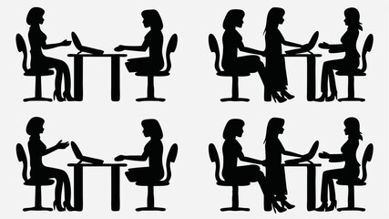 Poster - Silhouettes of women working at desks with laptops in various office configurations repeated pattern