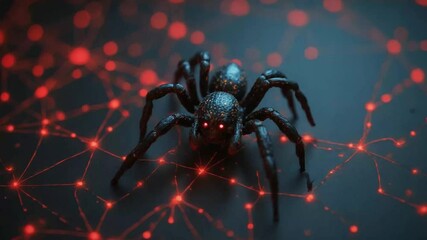 Spider on Glowing Network Close Up Digital World Concept