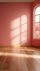 Poster - Bright and Inviting Empty Room with Peach Walls and Natural Light Streaming Through Arched Window