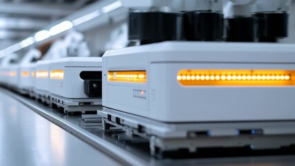 Fototapete - In a modern manufacturing facility, robotic arms are meticulously assembling lithium-ion batteries designed for electric vehicles. This high-tech process showcases precision and automation.