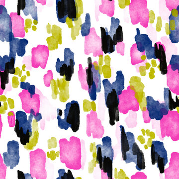 Abstract seamless pattern with hand  painted brush strokes in  blue, pink, and green colors on a white background