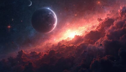 Wall Mural - Spectacular space wallpaper with vibrant nebula, planets, stars, galaxies. Amazing cosmos view with bright flares, deep red clouds. Abstract universe background, ideal for desktop design, sci-fi,