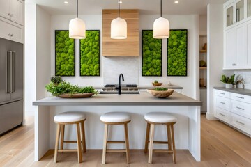 Poster - Modern kitchen featuring vertical garden and island with stools
