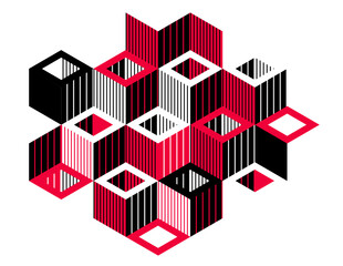 Poster - Black and red geometric vector abstract background with cubes and shapes, isometric 3D abstraction art displaying city buildings forms look like, op art optical illusion.