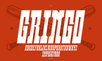 Fototapete - Massive serif italic font in American style, wild west saloon and western vector typography for logo creation, bold typeface in vintage America style, display font for posters and headlines.