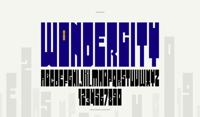 Fototapete - Geometric bold and strong vector font for logos and emblems, heavy letters alphabet for posters and advertising, display typeface with huge brutal and urban letters.