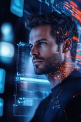 Man focused on holographic display