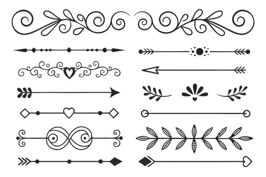 Decorative Divider Elements in Elegant Hand-Drawn Black Vector Featuring Arrows, Floral Motifs, and Swirled Lines for Layout and Invitation Projects.

