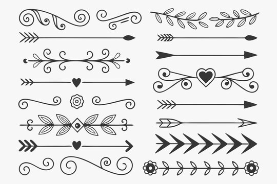 Black Vector Divider Set Featuring Hand-Drawn Arrows, Swirls, and Elegant Floral Accents. Vintage Line Borders for Posters and Layout Designs.

