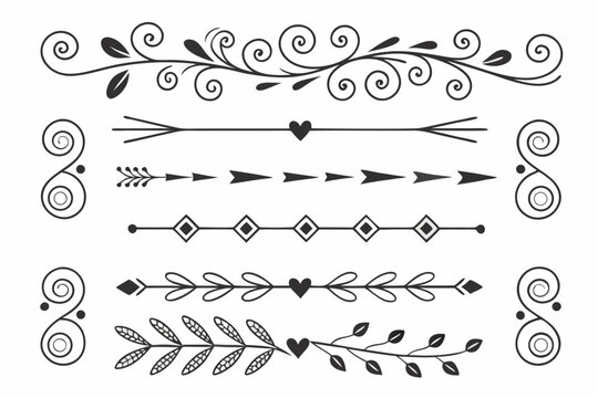 Hand-Drawn Elegant Divider Set Featuring Ornamental Arrows and Swirls in Black Vector with Vintage Floral Borders for Layouts and Invitation Projects.

