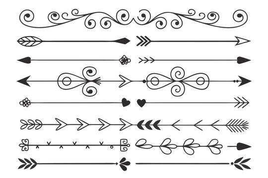 Elegant Swirl and Arrow Dividers in Hand-Drawn Black Vector Featuring Floral Borders and Vintage Ornaments for Invitations and Layout Templates.


