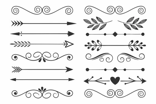 Ornamental Dividers Featuring Elegant Arrows, Curves, and Floral Accents in Hand-Drawn Black Vector. Decorative Borders for Layout Design Projects.

