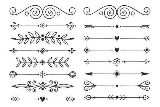 Vintage Arrow and Floral Swirl Dividers in Elegant Hand-Drawn Black Vector. Ornamental Line Art for Invitations, Layouts, and Poster Templates.

