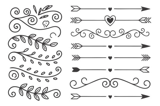 Hand-Drawn Divider Elements in Elegant Black Vector Featuring Arrows, Swirls, and Ornamental Floral Borders for Posters, Layouts, and Creative Design.

