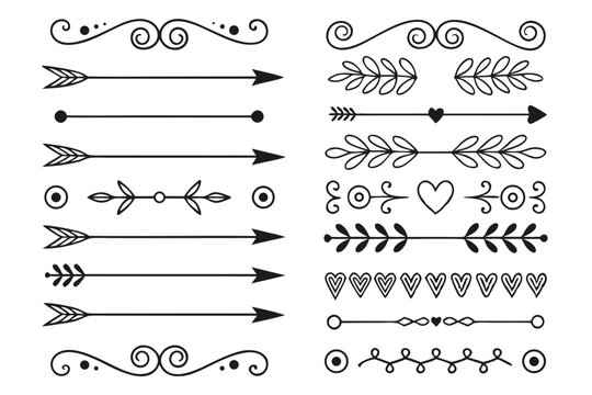 Elegant Ornamental Divider Set Featuring Arrows, Floral Swirls, and Curved Borders in Hand-Drawn Black Vector for Creative Projects and Layout Designs.

