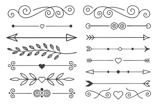 Hand-Drawn Elegant Arrow and Swirl Dividers with Floral Motifs in Black Vector. Ornamental Borders for Layout Templates, Wedding Cards, and Invitations.

