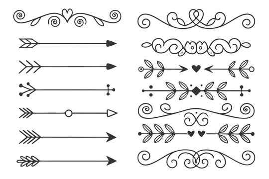 Elegant Decorative Dividers Featuring Hand-Drawn Arrows, Curves, and Floral Accents in Black Vector. Ornamental Borders for Invitations, Posters, and Layout Design Templates.

