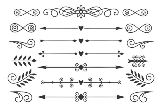 Decorative Arrow and Swirl Divider Set Featuring Elegant Hand-Drawn Borders, Curved Lines, and Floral Accents in Black Vector for Layout and Invitation Use.

