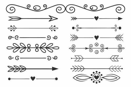 Black Vector Divider Set Featuring Ornamental Arrows, Floral Motifs, and Elegant Curves. Hand-Drawn Decorative Borders for Layout Templates and Invitations.

