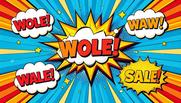 Retro comic book-inspired background with explosive shapes, speech bubbles, and bold text