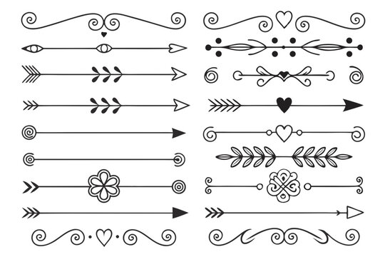 Decorative Divider and Swirl Border Set Featuring Elegant Arrows and Floral Accents in Hand-Drawn Black Vector for Layouts, Posters, and Wedding Invitations.

