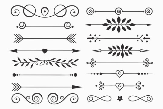 Hand-Drawn Decorative Divider Collection in Elegant Black Vector Featuring Vintage Arrows, Floral Borders, and Curved Lines for Layout and Design Projects.

