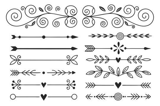 Decorative Arrows and Floral Borders in Elegant Hand-Drawn Black Vector Featuring Curved Swirls and Line Art. Perfect for Layout Templates and Invitations.

