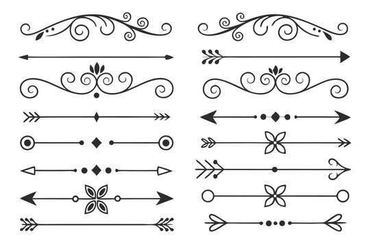 Vintage Arrow and Swirl Divider Set in Hand-Drawn Black Vector Featuring Floral Borders and Ornamental Curves for Wedding Invitations and Layout Templates.

