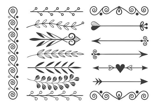 Ornamental Decorative Elements Featuring Hand-Drawn Swirls, Arrows, and Floral Borders in Elegant Black Vector Style. Perfect for Layouts and Design Projects.

