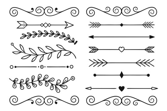 Hand-Drawn Elegant Divider Set Featuring Vintage Arrows, Floral Swirls, and Curved Borders in Black Vector. Perfect for Invitations and Layout Templates.

