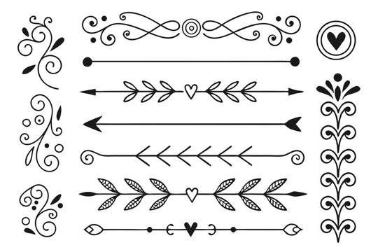 Ornamental Decorative Border Set in Elegant Hand-Drawn Black Vector Featuring Arrows, Swirls, and Curved Floral Lines for Layouts, Invitations, and Design Projects.

