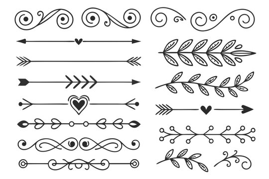 Hand-Drawn Black Vector Divider Set Featuring Elegant Arrows, Floral Motifs, and Swirls. Ornamental Line Borders for Invitations and Layout Design Templates.


