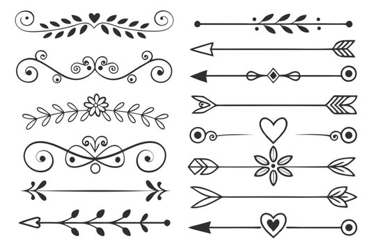 Elegant Divider and Swirl Collection Featuring Curved Arrows and Hand-Drawn Floral Accents in Black Vector. Vintage Ornaments for Layouts and Invitations.

