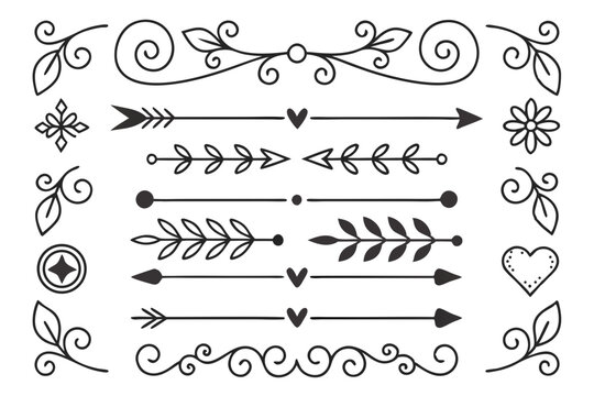Elegant Hand-Drawn Divider Elements in Black Vector Featuring Arrows, Floral Motifs, and Curved Swirls. Decorative Line Borders for Invitations and Creative Layouts.

