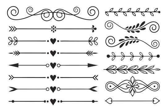 Ornamental Decorative Divider Set with Arrows and Curves in Elegant Hand-Drawn Black Vector. Vintage Line Art for Invitations, Graphic Layouts, and Poster Designs.

