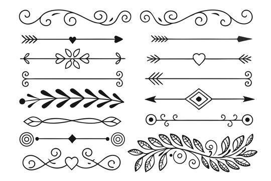 Hand-Drawn Elegant Dividers Featuring Swirled Lines, Floral Accents, and Arrows in Black Vector. Ornamental Borders for Posters, Layout Templates, and Invitations.

