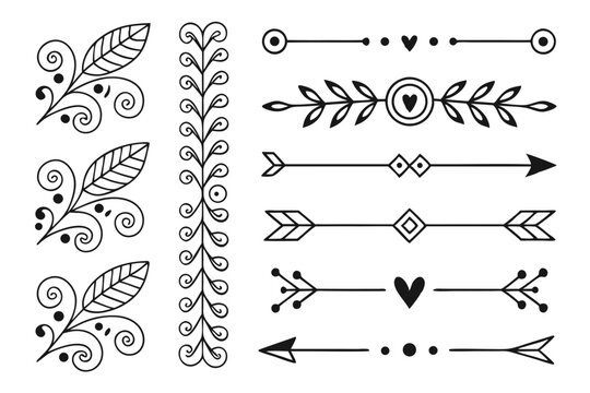 Elegant Divider and Border Set in Hand-Drawn Black Vector Featuring Curved Arrows, Swirls, and Floral Motifs for Layouts, Invitations, and Poster Templates.

