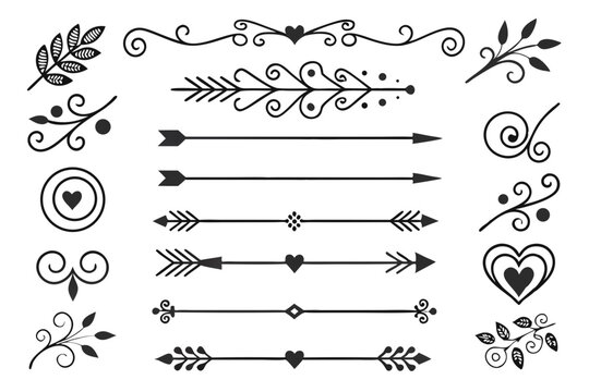 Elegant Vintage Divider Set Featuring Ornamental Arrows, Curved Swirls, and Hand-Drawn Floral Borders in Black Vector for Creative Layout Templates.

